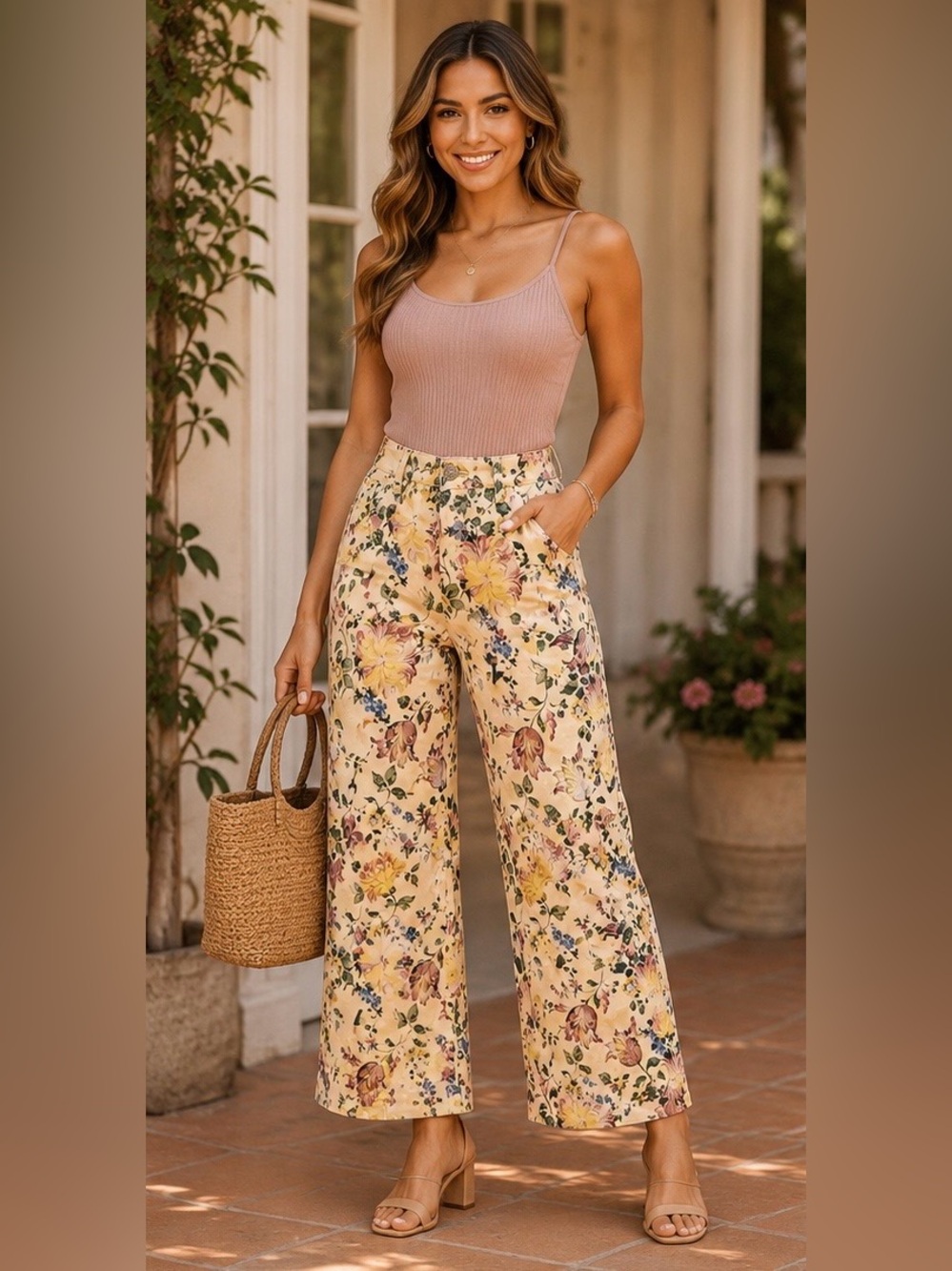 Entro Floral Wide Leg Pants Cream Yellow High Rise NWT Size Small